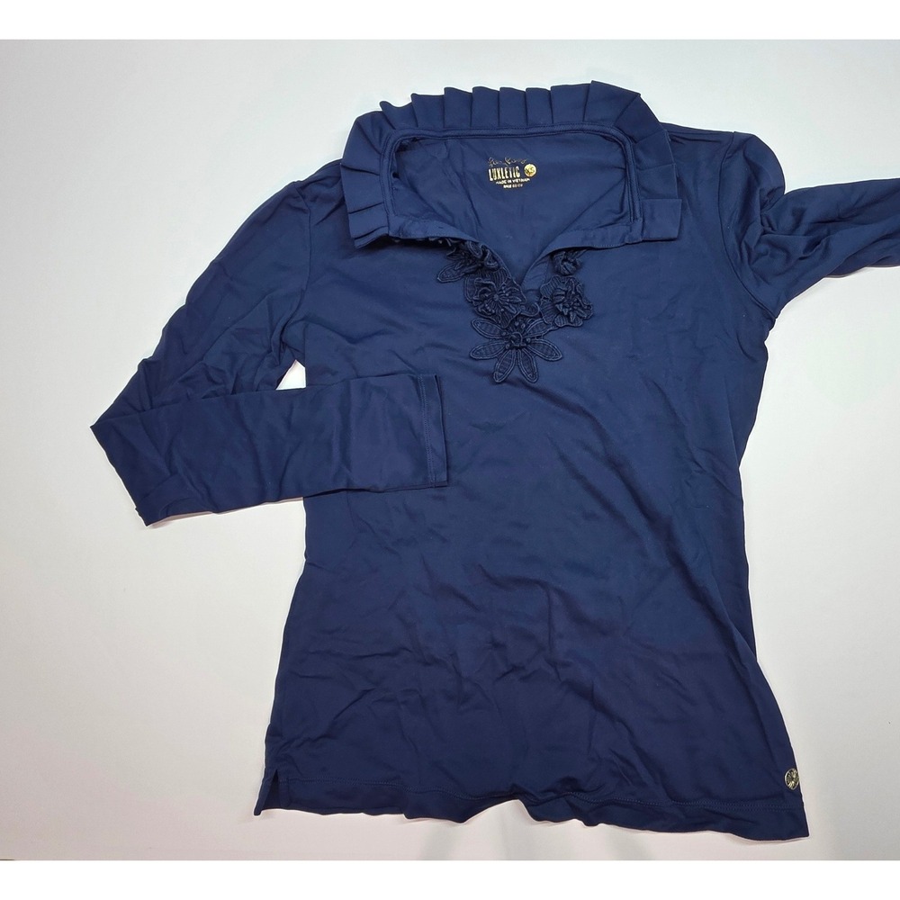 Lilly Pulitzer Luxletic Navy Blue Ruffle Collar Floral Applique Top XS